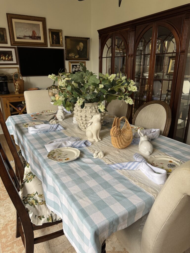 dining room easter table, gallery wall, cabinets zoomed out view